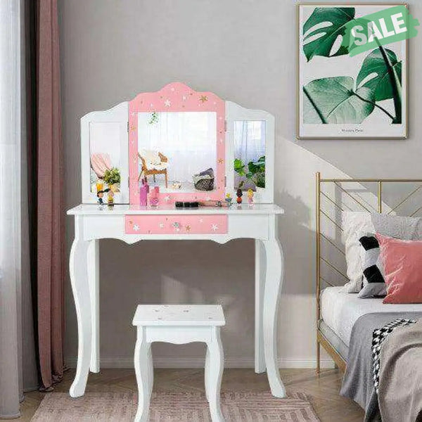 Kids Princess Vanity Table and Stool Set with Tri-folding Mirror and Drawer-Pink Pink Kids Vanities