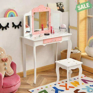 Kids Princess Vanity Table and Stool Set with Tri-folding Mirror and Drawer-Pink Pink Kids Vanities