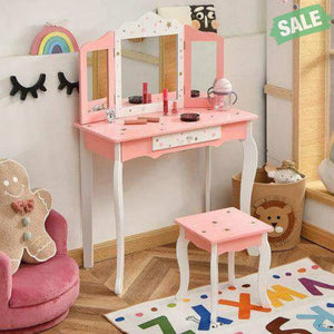 Kids Princess Vanity Table and Stool Set with Tri-folding Mirror and Drawer-Pink Pink Kids Vanities