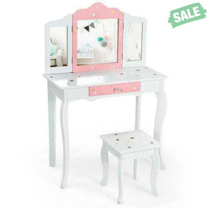 Kids Princess Vanity Table and Stool Set with Tri-folding Mirror and Drawer-Pink Pink Kids Vanities