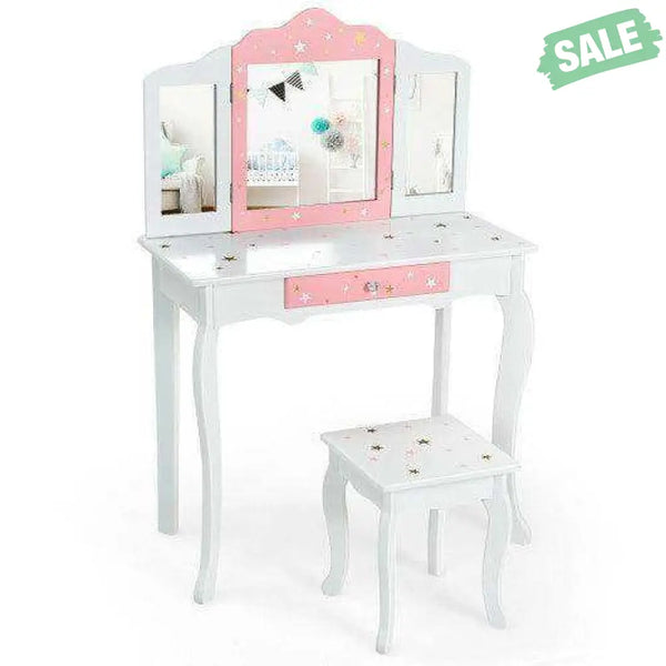 Kids Princess Vanity Table and Stool Set with Tri-folding Mirror and Drawer-Pink Pink Kids Vanities