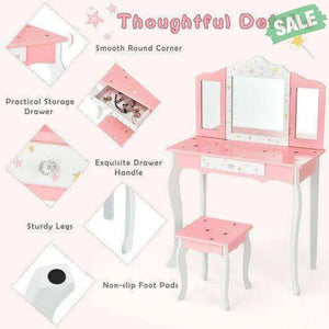 Kids Princess Vanity Table and Stool Set with Tri-folding Mirror and Drawer-Pink Pink Kids Vanities
