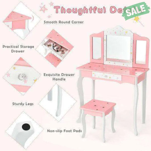 Kids Princess Vanity Table and Stool Set with Tri-folding Mirror and Drawer-Pink Pink Kids Vanities