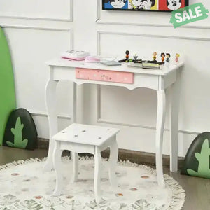 Kids Princess Vanity Table and Stool Set with Tri-folding Mirror and Drawer-Pink Pink Kids Vanities