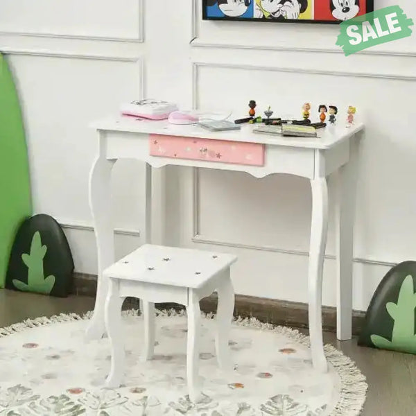 Kids Princess Vanity Table and Stool Set with Tri-folding Mirror and Drawer-Pink Pink Kids Vanities