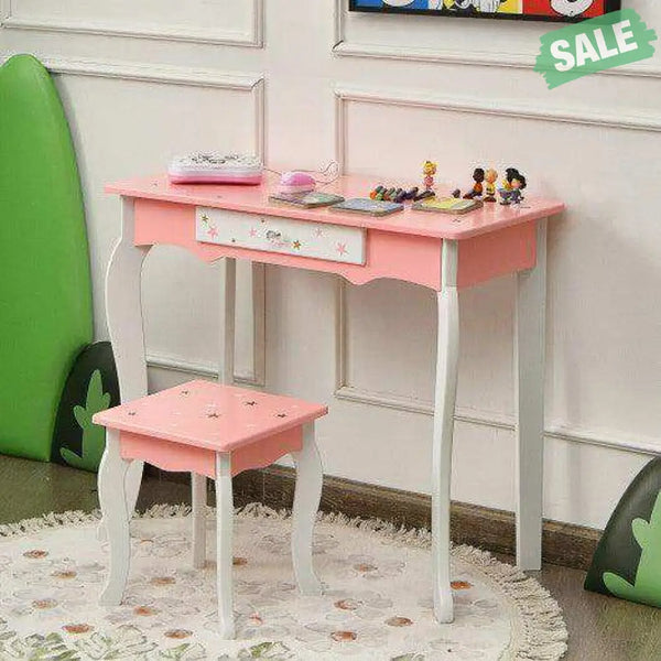 Kids Princess Vanity Table and Stool Set with Tri-folding Mirror and Drawer-Pink Pink Kids Vanities