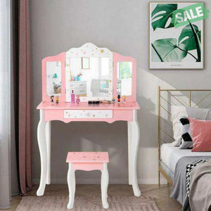 Kids Princess Vanity Table and Stool Set with Tri-folding Mirror and Drawer-Pink Pink Kids Vanities