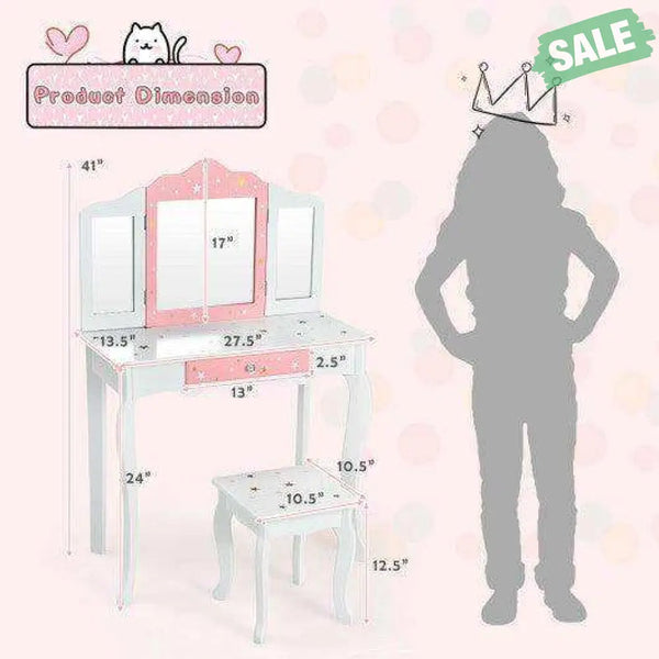 Kids Princess Vanity Table and Stool Set with Tri-folding Mirror and Drawer-Pink Pink Kids Vanities