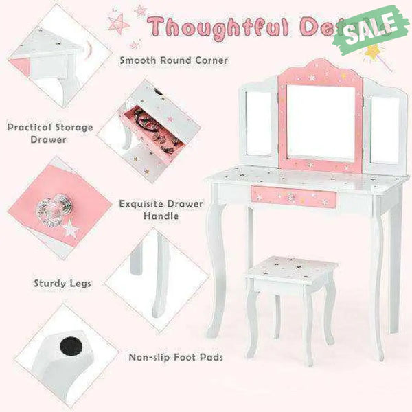 Kids Princess Vanity Table and Stool Set with Tri-folding Mirror and Drawer-Pink Pink Kids Vanities