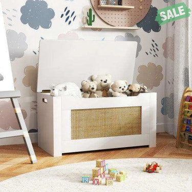 Kids Rattan Toy Storage Box with Flip Top Lid and Safety Hinge Handles-White Kids Storage
