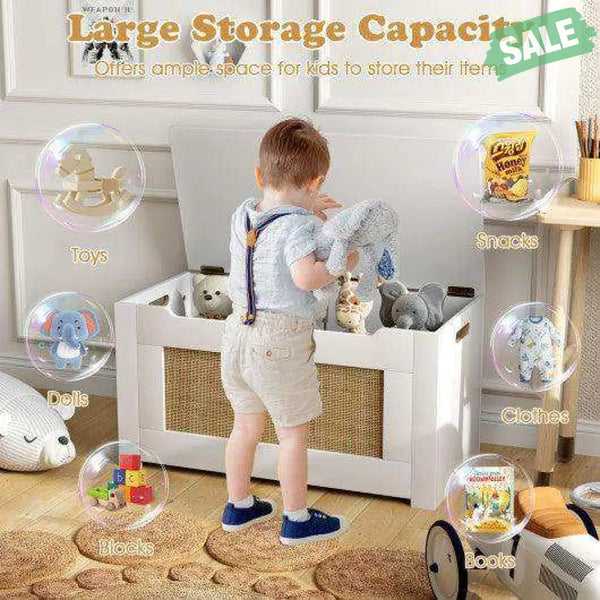 Kids Rattan Toy Storage Box with Flip Top Lid and Safety Hinge Handles-White Kids Storage