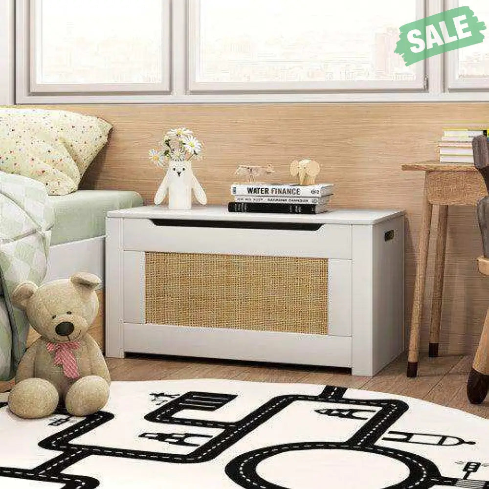 Kids Rattan Toy Storage Box with Flip Top Lid and Safety Hinge Handles-White Kids Storage