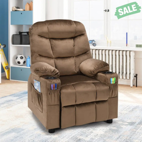 Kids Recliner Chair with Cup Holder and Footrest for Children-Brown Kids Chairs & Seating