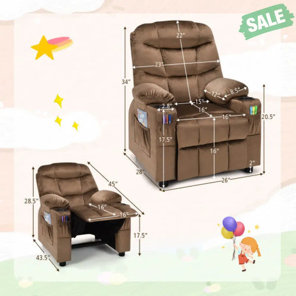 Kids Recliner Chair with Cup Holder and Footrest for Children-Brown Kids Chairs & Seating