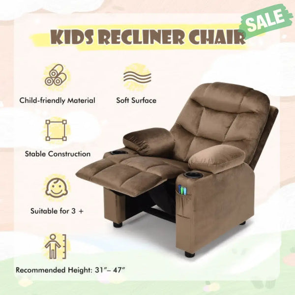 Kids Recliner Chair with Cup Holder and Footrest for Children-Brown Kids Chairs & Seating