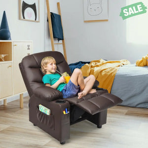 Kids Recliner Chair with Cup Holder and Footrest for Children-Brown Kids Chairs & Seating
