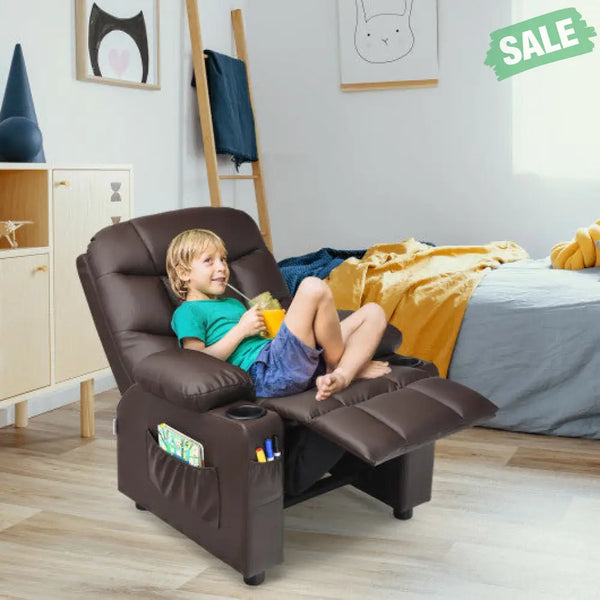Kids Recliner Chair with Cup Holder and Footrest for Children-Brown Kids Chairs & Seating