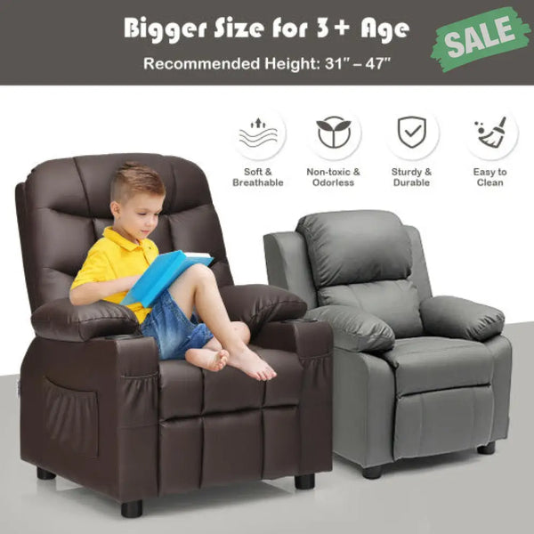 Kids Recliner Chair with Cup Holder and Footrest for Children-Brown Kids Chairs & Seating
