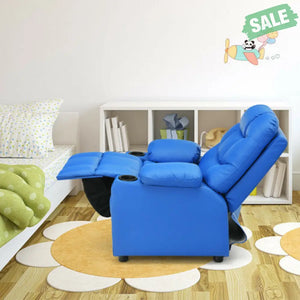 Kids Recliner Chair with Cup Holder and Footrest for Children-Brown Blue Kids Chairs & Seating