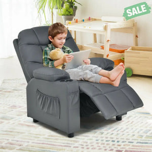 Kids Recliner Chair with Cup Holder and Footrest for Children-Brown Gray Kids Chairs & Seating