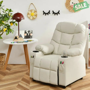 Kids Recliner Chair with Cup Holder and Footrest for Children-Brown Beige Kids Chairs & Seating