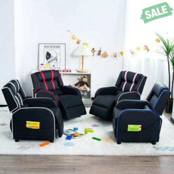 Kids Recliner Chair with Side Pockets and Footrest-Blue White Kids Chairs & Seating