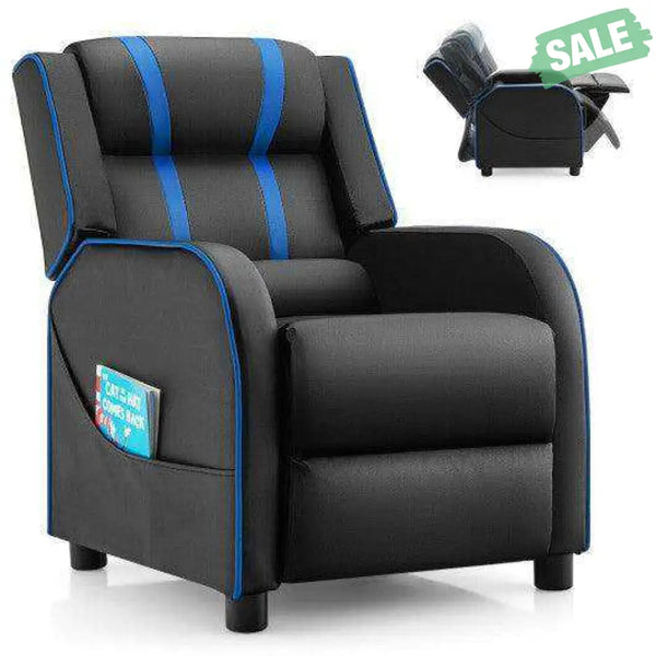 Kids Recliner Chair with Side Pockets and Footrest-Blue White Kids Chairs & Seating