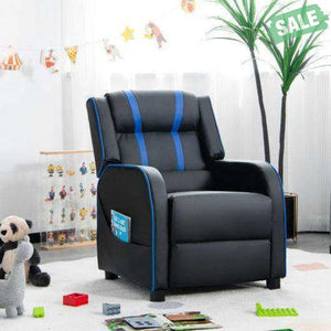 Kids Recliner Chair with Side Pockets and Footrest-Blue White Kids Chairs & Seating