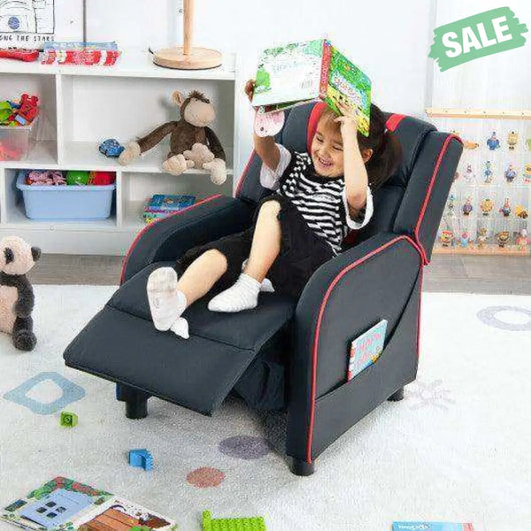 Kids Recliner Chair with Side Pockets and Footrest-Blue White Kids Chairs & Seating