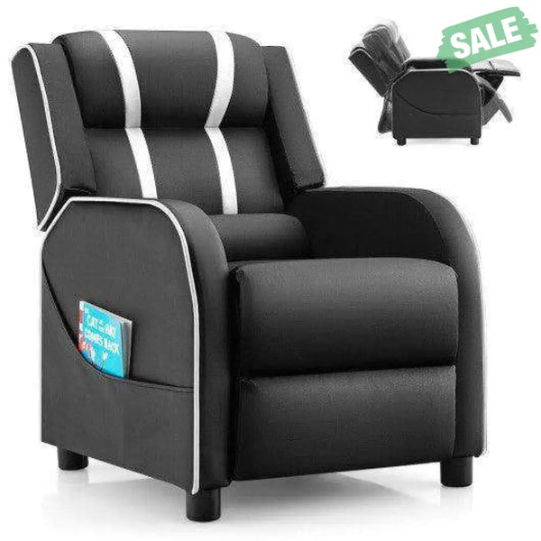 Kids Recliner Chair with Side Pockets and Footrest-Blue White Kids Chairs & Seating