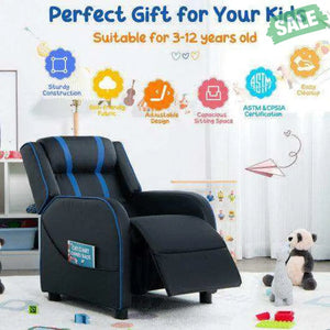 Kids Recliner Chair with Side Pockets and Footrest-Blue White Kids Chairs & Seating