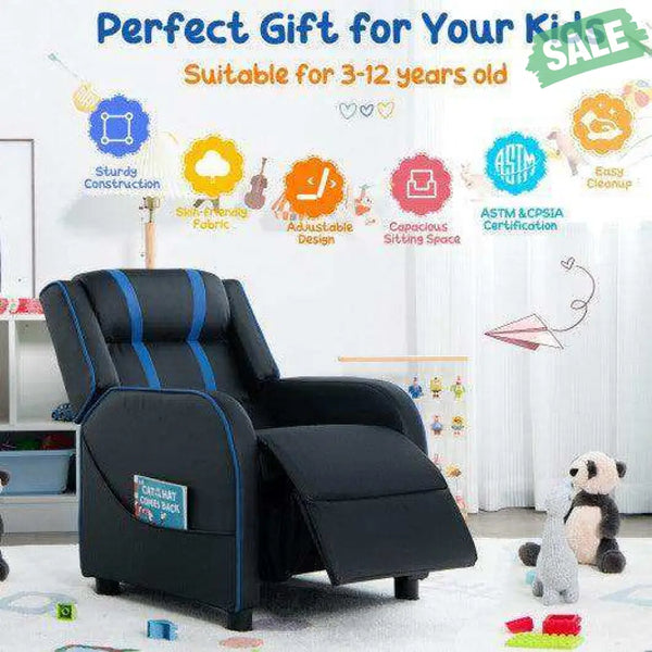 Kids Recliner Chair with Side Pockets and Footrest-Blue White Kids Chairs & Seating