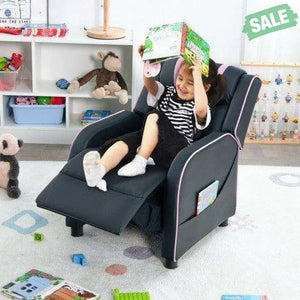 Kids Recliner Chair with Side Pockets and Footrest-Blue White Kids Chairs & Seating