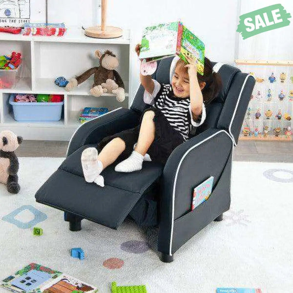 Kids Recliner Chair with Side Pockets and Footrest-Blue White Kids Chairs & Seating