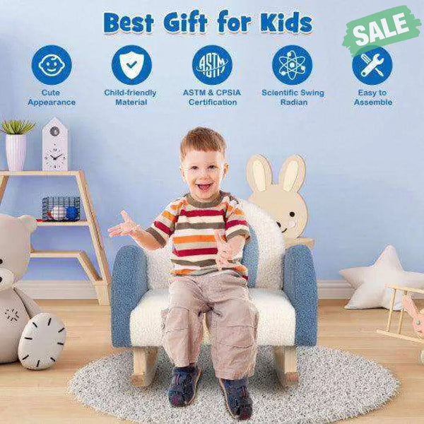 Kids Rocking Chair Children Velvet Upholstered Sofa with Solid Wood Legs-Blue Blue Kids Chairs & Seating