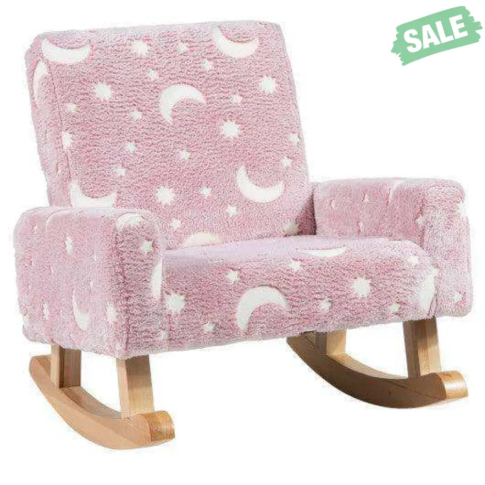 Kids Rocking Chair Upholstered Flannel Children Rocker with Solid Poplar Wood Rocking Feet-Multicolor Pink Kids Chairs