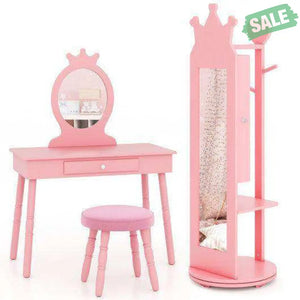Kids Room Furniture Set Princess Vanity Table and Stool Set with Mirror and Drawer-Pink