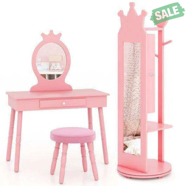 Kids Room Furniture Set Princess Vanity Table and Stool Set with Mirror and Drawer-Pink