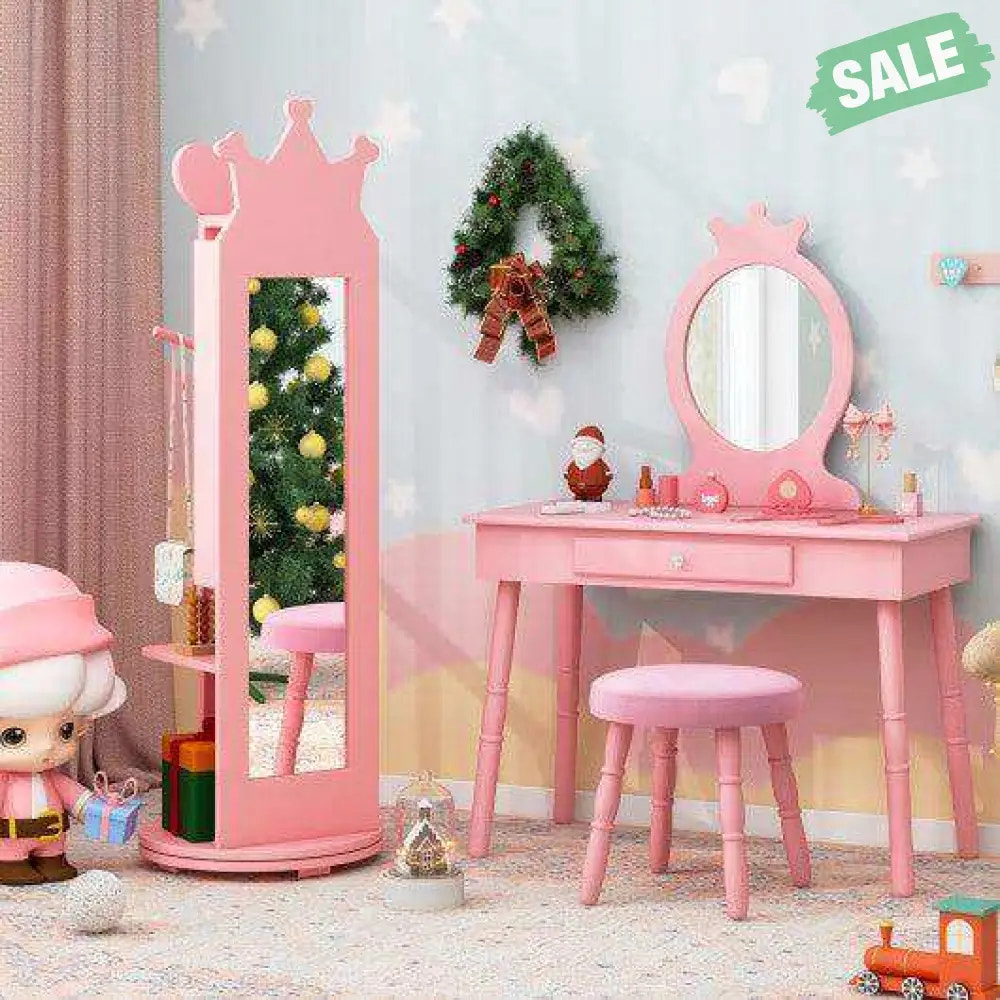 Kids Room Furniture Set Princess Vanity Table and Stool Set with Mirror and Drawer-Pink