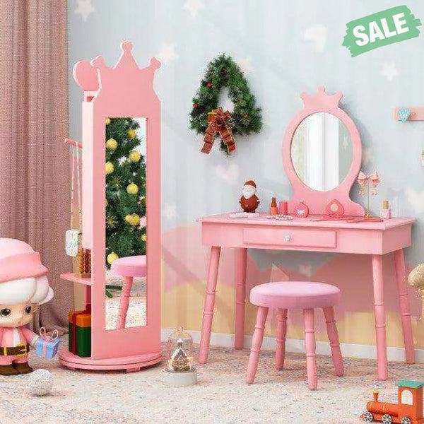 Kids Room Furniture Set Princess Vanity Table and Stool Set with Mirror and Drawer-Pink