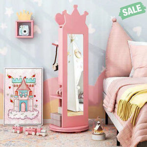 Kids Room Furniture Set Princess Vanity Table and Stool Set with Mirror and Drawer-Pink