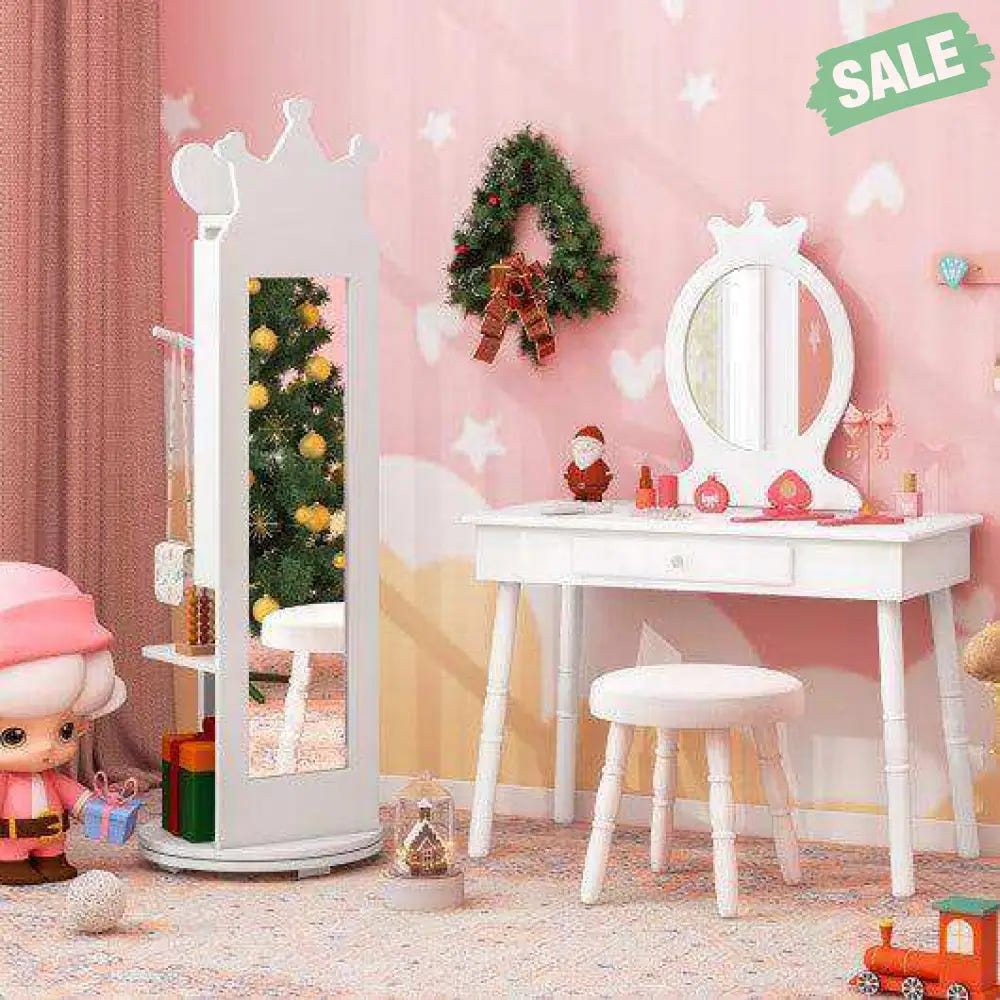 Kids Room Furniture Set Princess Vanity Table and Stool Set with Mirror and Drawer-White White Kids Vanities