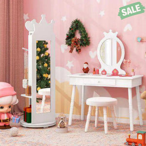 Kids Room Furniture Set Princess Vanity Table and Stool Set with Mirror and Drawer-White White Kids Vanities