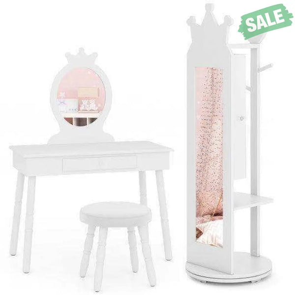 Kids Room Furniture Set Princess Vanity Table and Stool Set with Mirror and Drawer-White White Kids Vanities
