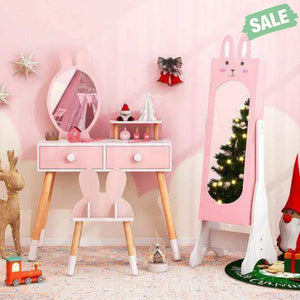 Kids Room Furniture Set with Princess Vanity Table and Chair-Pink