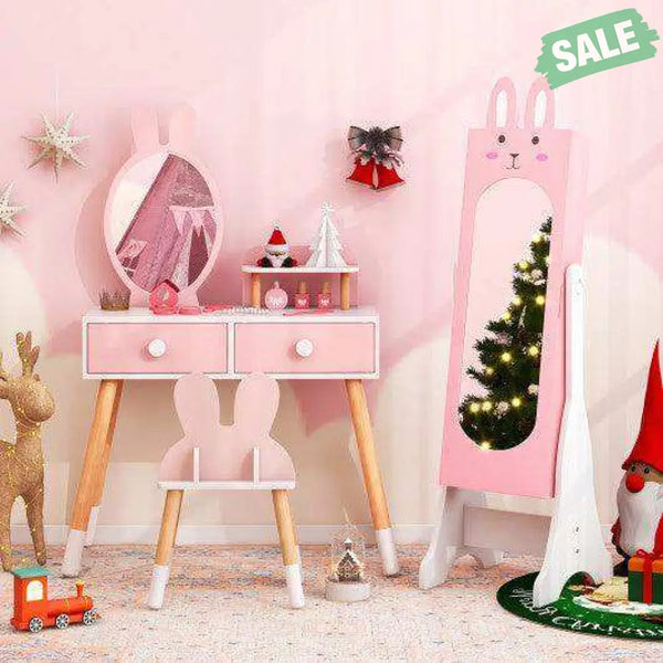 Kids Room Furniture Set with Princess Vanity Table and Chair-Pink