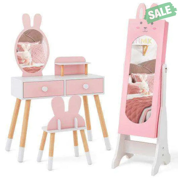 Kids Room Furniture Set with Princess Vanity Table and Chair-Pink