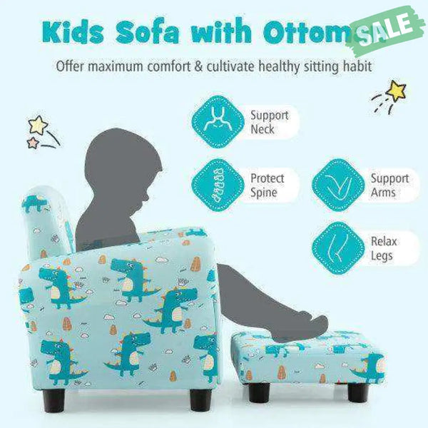 Kids Single Sofa with Cute Patterns Ergonomic Backrest and Armrests-Blue Kids Chairs & Seating