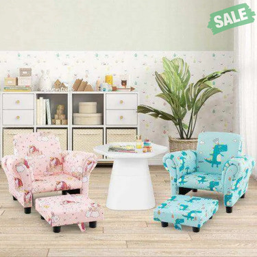 Kids Single Sofa with Cute Patterns Ergonomic Backrest and Armrests-Blue Kids Chairs & Seating