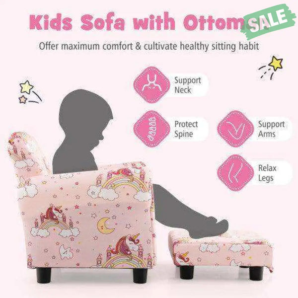 Kids Single Sofa with Cute Patterns Ergonomic Backrest and Armrests-Blue Kids Chairs & Seating
